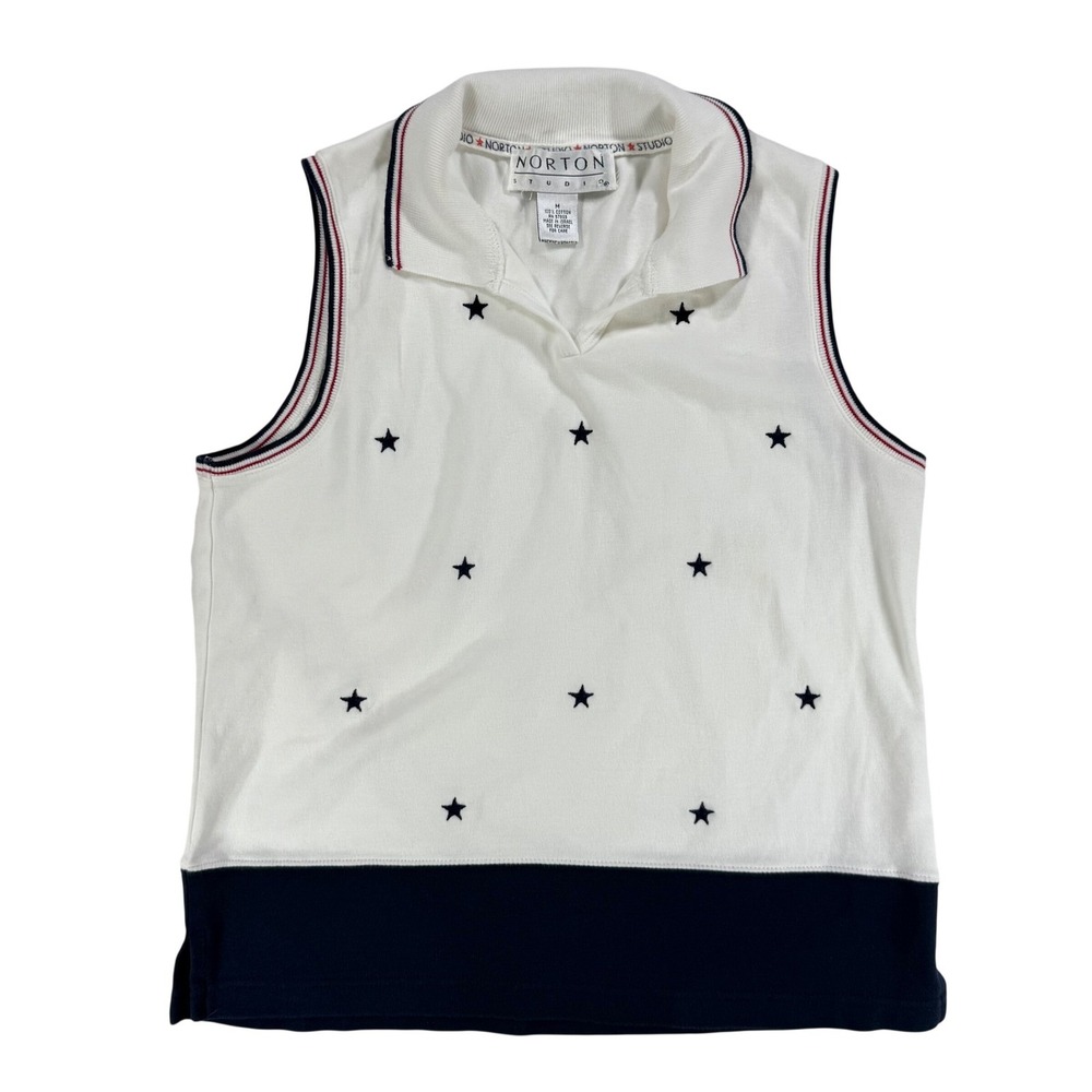 VTG Norton Studio Sleeveless Polo Women M‎ White Blue Stars Americana Preppy Top